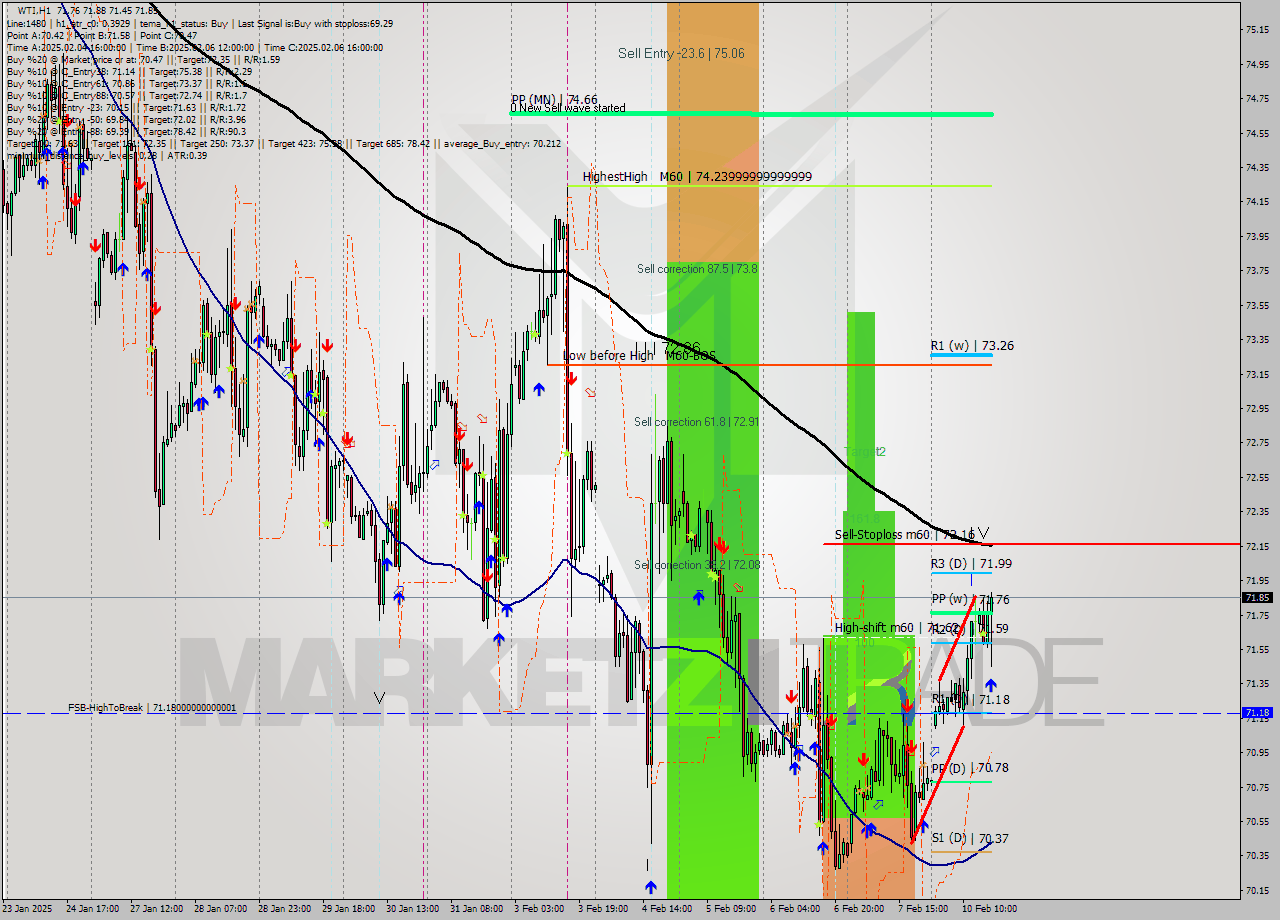 WTI MultiTimeframe analysis at date 2025.02.10 17:46