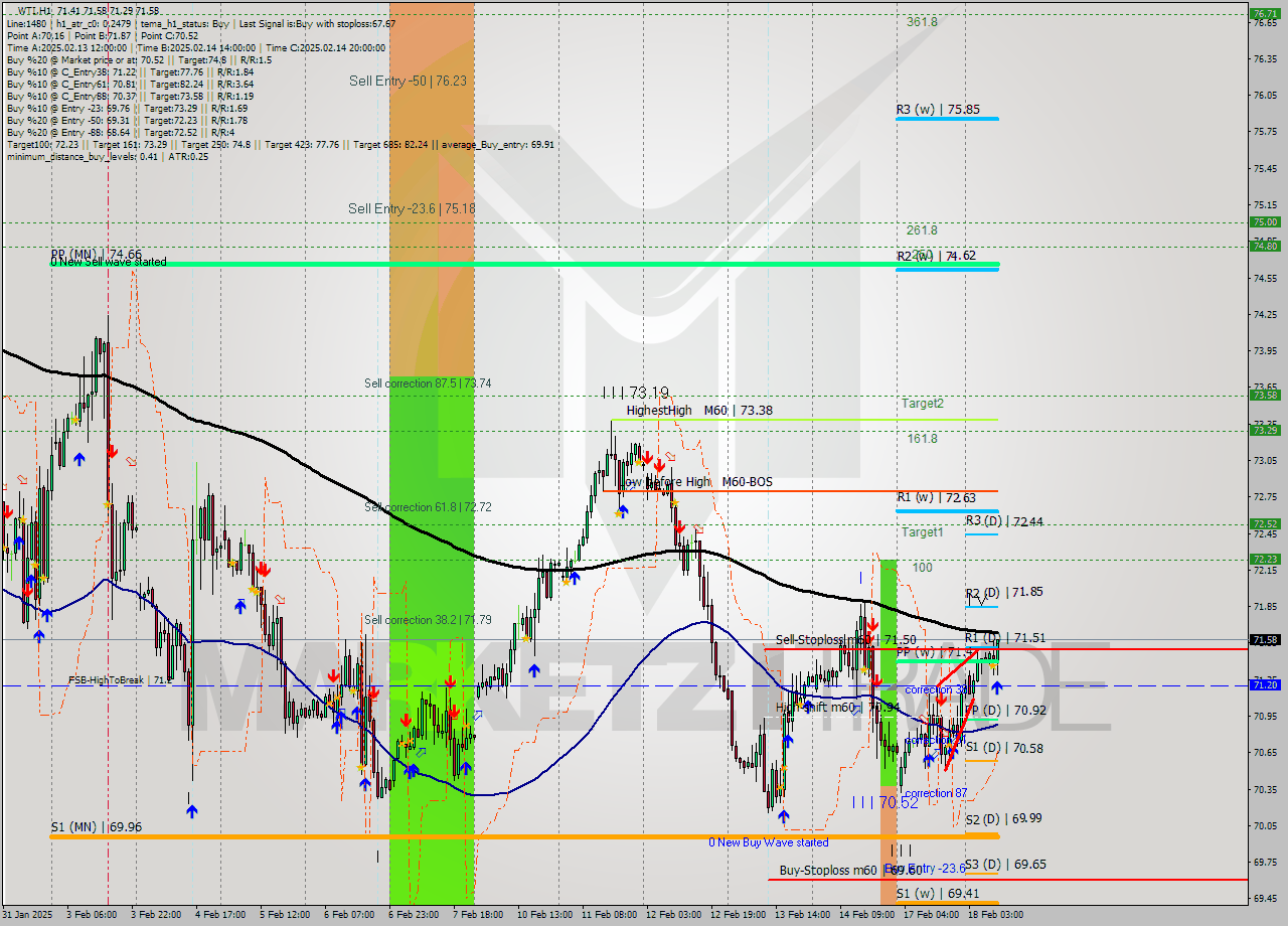 WTI MultiTimeframe analysis at date 2025.02.18 10:47