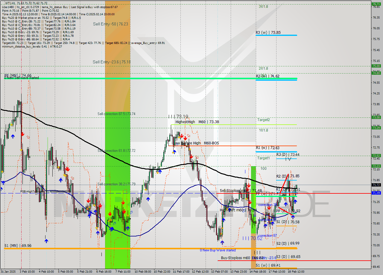 WTI MultiTimeframe analysis at date 2025.02.18 19:05