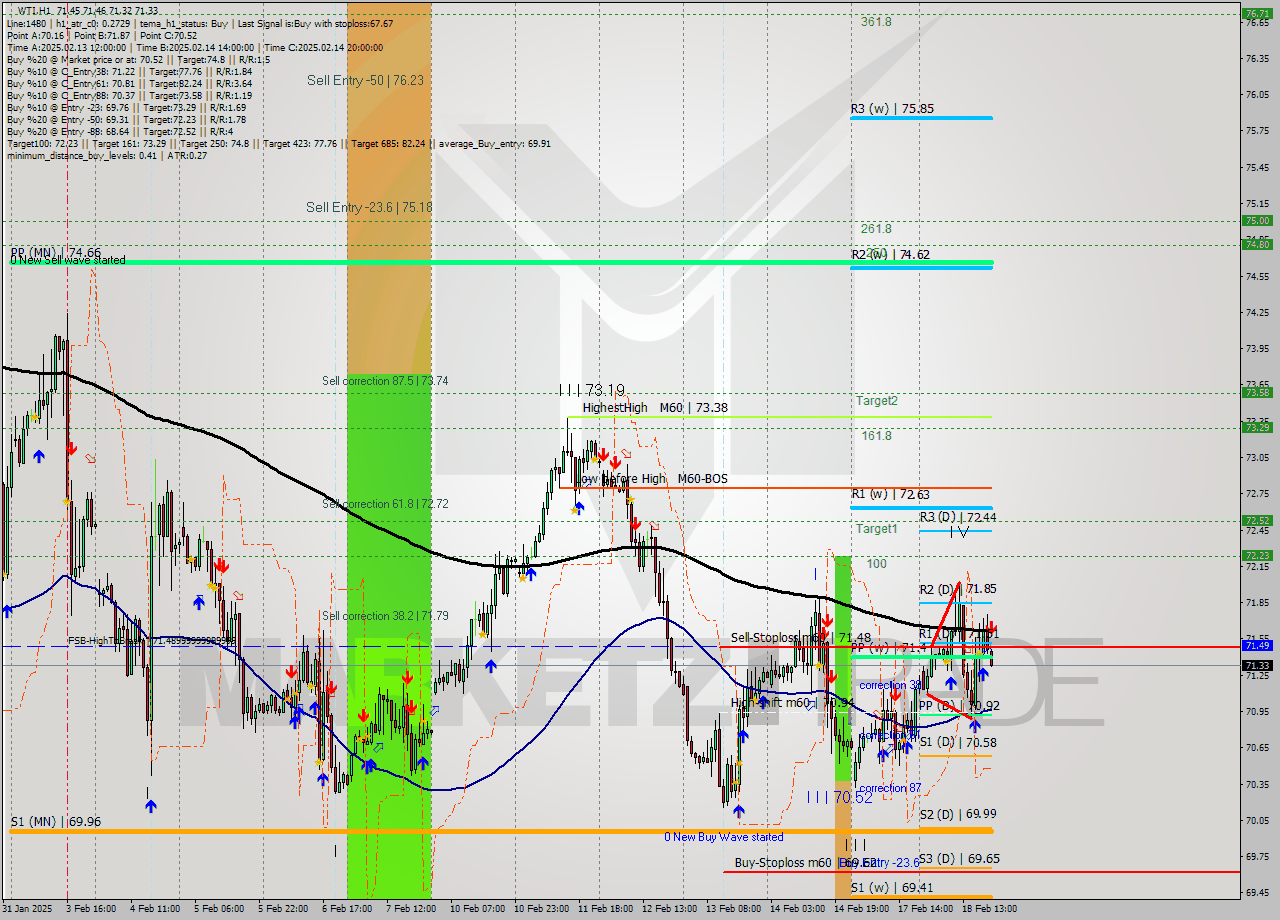 WTI MultiTimeframe analysis at date 2025.02.18 20:02