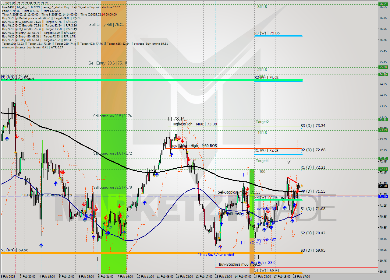 WTI MultiTimeframe analysis at date 2025.02.19 03:00