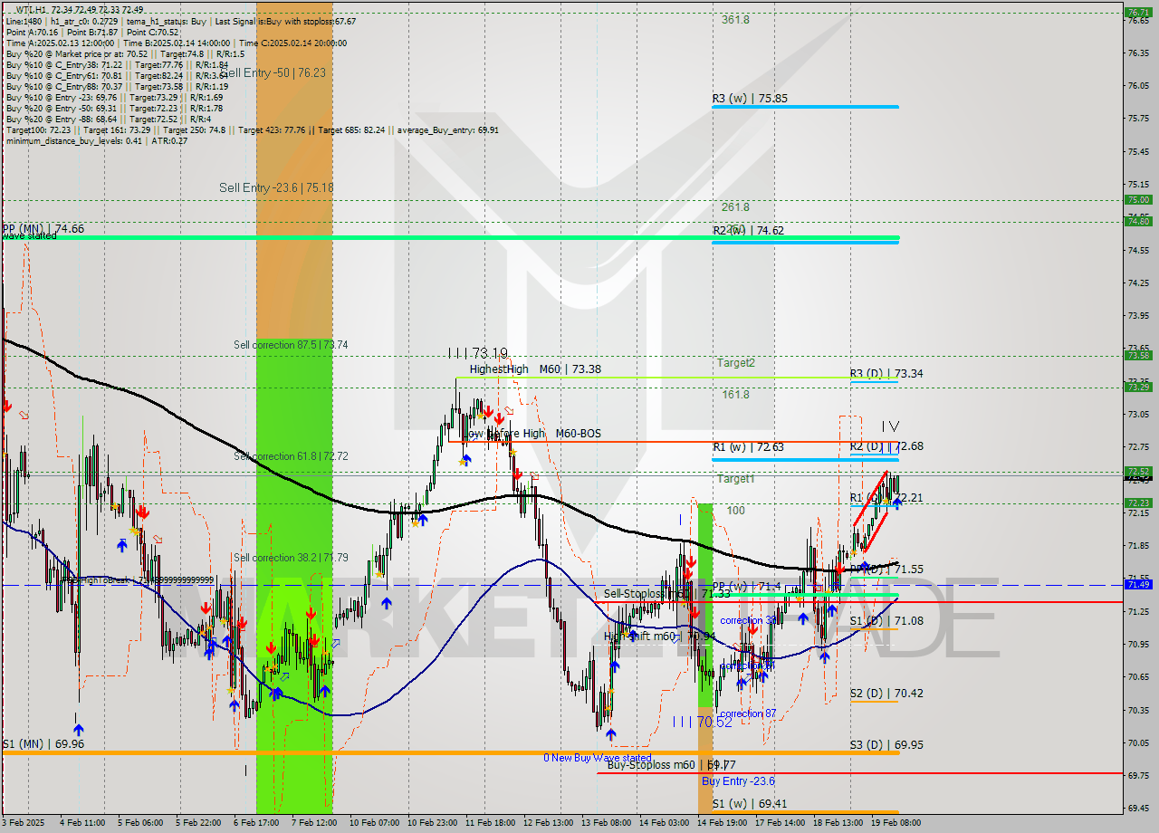 WTI MultiTimeframe analysis at date 2025.02.19 15:14