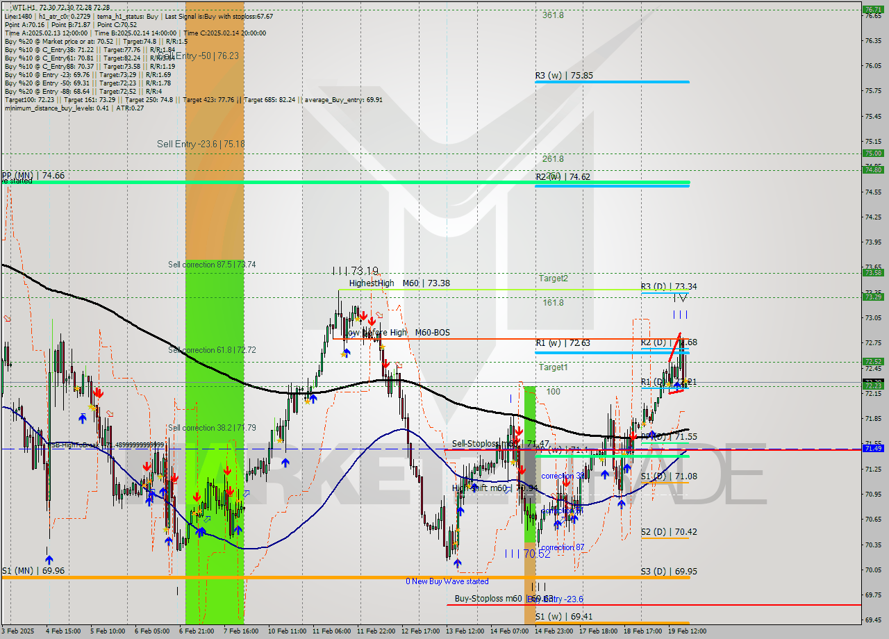 WTI MultiTimeframe analysis at date 2025.02.19 19:00