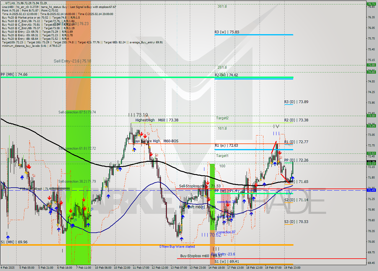 WTI MultiTimeframe analysis at date 2025.02.20 09:43