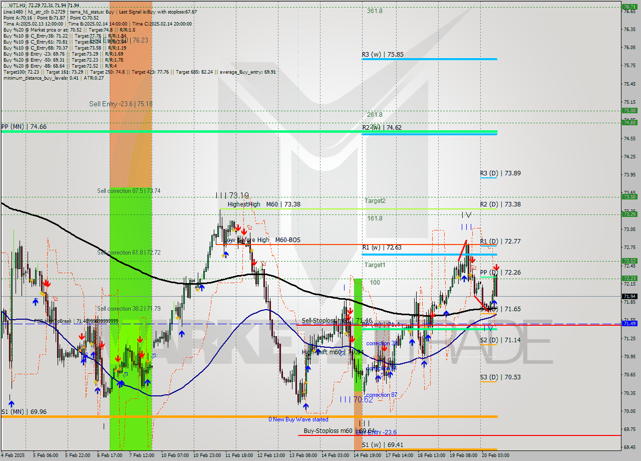 WTI MultiTimeframe analysis at date 2025.02.20 10:34